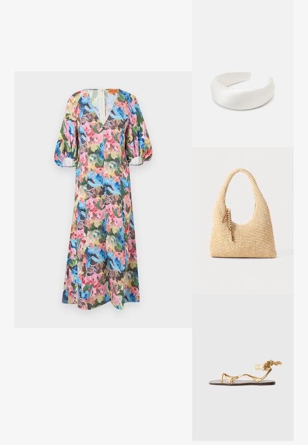 Rochie cu imprimeu floral în culori vibrante precum roz, albastru și verde. Prezintă un decolteu în V, mâneci voluminoase și o margine până la genunchi. Material ușor.; Sandale plate aurii cu curele metalice subțiri, un accent legat la gleznă și o talpă texturată maro.; Geantă țesută bej cu un mâner curbat, suprafață texturată și un detaliu de franjuri maroniu. Prezintă o formă moale, de tip hobo.; Loeffler Randall BELLAMY OVERSIZE HEADBAND - Accesoriu de styling pentru păr - cream