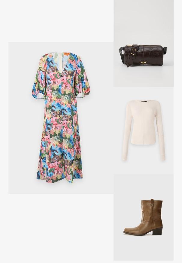 Blumengemustertes Kleid in lebhaften Farben wie Rosa, Blau und Grün. Hat einen V-Ausschnitt, voluminöse Ärmel und einen knielangen Saum. Hergestellt aus leichtem Stoff.; Langärmliges, hellbeiges Oberteil mit rundem Ausschnitt. Aus weichem Stoff gefertigt, verfügt es über eine zentrale Naht und einen leicht geschwungenen Saum. Keine sichtbaren Beschläge.; Braune Leder-Ankle-Boots mit quadratischer Zehenform, strukturiertem Finish und niedrigem, gestapeltem Absatz. Ausgestattet mit einer Zuglasche auf der Rückseite und dezenten Stickdetails.; Braune, krokodilgeprägte Lederhandtasche mit zylindrischer Form, goldfarbener Hardware und einem abnehmbaren Tragegurt mit Nieten.