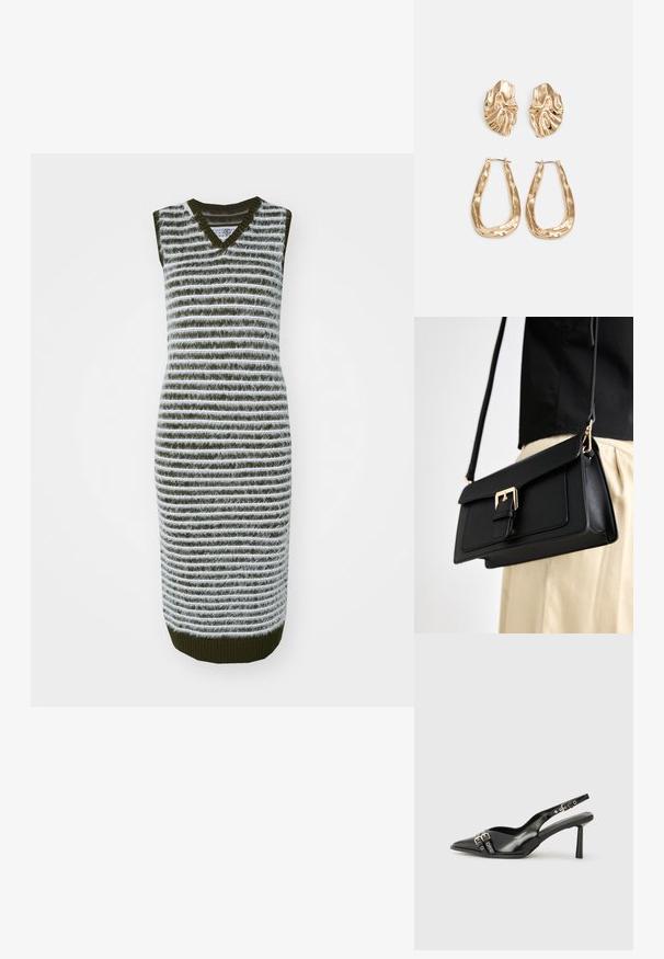 Pletené bezrukávové šaty s zelenými a bílými vodorovnými pruhy, výstřihem do V, přiléhavým střihem a texturou ribového lemu.; Černá lakovaná slingback obuv s špičatou špičkou, kotníkovými pásky s kovovými sponami a příslušenstvím, a štíhlým podpatkem.; Černá kabelka z umělé kůže se zlatým sponou, plochý design a nastavitelný popruh, vystavená na světlém pozadí.; Náušnice ve zlatém tónu s texturovanými, vlnitými tvary. Obsahují sochařské klipy a design otevřeného kruhu s kladivkovým povrchem.
