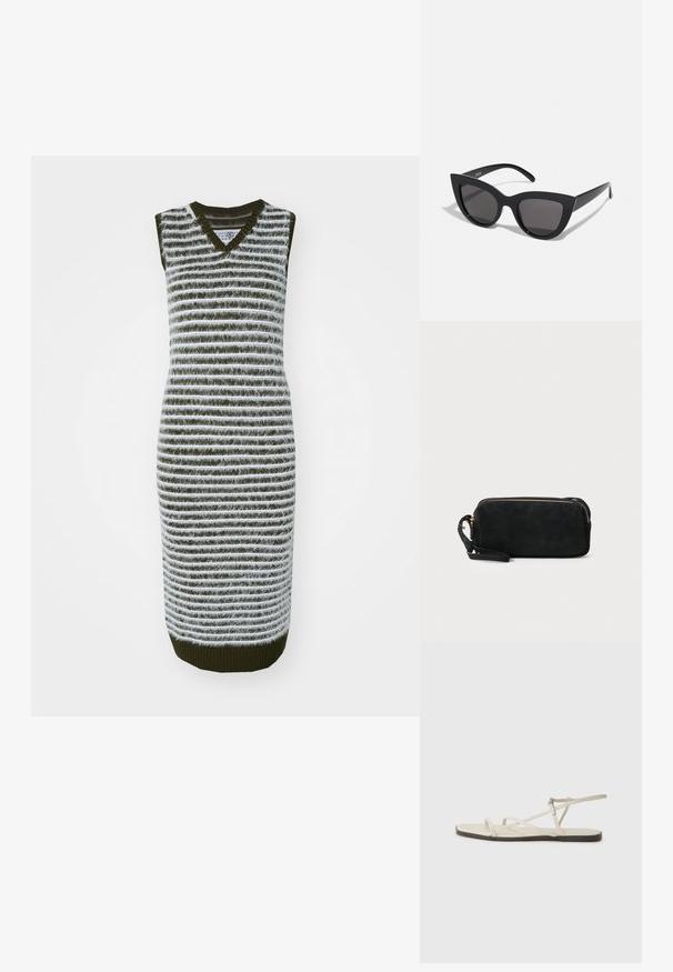 Megzta bešvarkė su žaliais ir baltais horizontaliais dryžiais, V formos iškirpte, prigludusia siluetu ir briaunotu apvadu.; Bežiniai plokšti sandalai su keliais lieknais dirželiais ir reguliuojamu užsegimu. Padas plokščias, su lengvu tamsiu kontrastu krašte.; Juodos katės akies akinių nuo saulės su matinio paviršiaus danga, turinčiais pilkai tonuotus lęšius, aštriomis linijomis ir elegantiškomis šoninėmis kojelėmis. Prekės ženklas matomas vidinėje kojelėje.; Juodas zomšos sankabos krepšys su užtrauktuku ir nuimamu riešo dirželiu. Krepšys turi auksinės spalvos detales ir lygią, matinę tekstūrą.