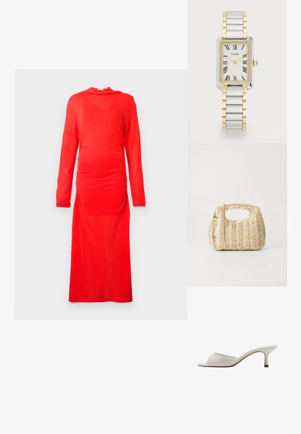 Rotes Langarmkleid aus glattem, elastischem Stoff. Mit gerafften Details in der Taille und einem hohen Ausschnitt, mit einem bodenlangen Schnitt.; Weiße, offene High-Heel-Mules mit glatter Oberfläche, minimalistischer Gestaltung und schlankem Absatz, ausgestattet mit einem subtilen braunen Akzent auf der Sohle.; Geflochtene Strohtasche in hellem Beige mit runder Form, offenem oberen Teil und einem abnehmbaren Trageriemen. Auffällige Textur und komplexes Flechtmuster.; Cluse BELISSENA WATCH - Uhr - silver-coloured/gold-coloured; Goldfarbene Creolen mit einem gedrehten Design, das eine gerippte Textur und eine glatte Oberfläche aufweist. Leicht und hohl konstruiert.