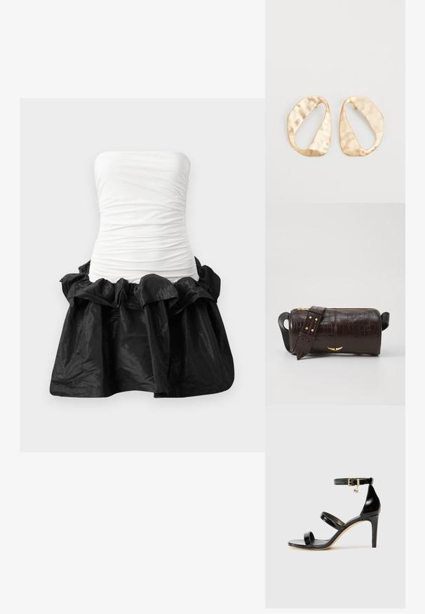 Suknelė be petnešėlių, turinti baltą, prigludusį korpusą su susiraukšlinta tekstūra ir juodą blizgų sijoną su raukšlėtu kraštu.; Juodas patentuotas odinis sandalai su trimis diržais, kulkšnies sagtimi ir 4 colių stiletto kulnu. Yra aukso detalės ir logotipo žavesys.; Ruda krokodilo odspaudo odinė rankinė cilindro formos, su auksinėmis detalėmis ir nuimamu dirželiu, papuoštu studelėmis.; Nedidelis nereguliarus ovalo formos aukso tono metalinių auskarų pora su tekstūruota, šiek tiek kalta paviršiumi ant balto fono.