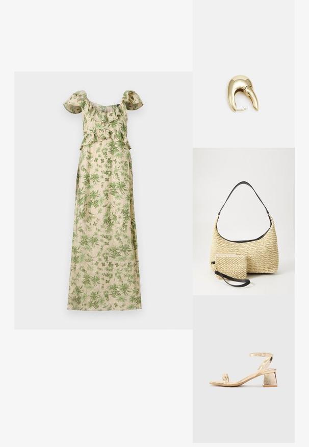 Cvećasta maksi haljina sa zelenim lišćem na bež pozadini, volanima bez naramenica i strukiranom kroju.; Zlatne metalne sandale na petu s kutnim blok petom, dva remenska traka preko stopala i podesivim remenom oko gležnja. Glatka tekstura.; Tkana torba od slame s zakrivljenom siluetom, koja sadrži glatku crnu kožnu naramenicu i odgovarajući mali neseser koji je pričvršćen narukvicom.; Zlatne metalne naušnice s elegantnim, zakrivljenim dizajnom. Imaju karakterističan šiljast oblik, poliranu površinu i zatvaranje na šarku.