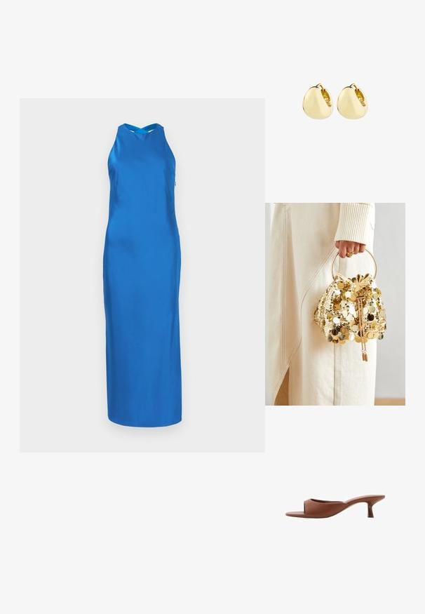 Blauwe satijnen jurk met een slanke silhouet, halternek en een lange rok. Soepele textuur, minimalistisch ontwerp, geen zichtbare patronen of accenten.; Bruine open teen hakschoenen met een gladde, matte afwerking, met een gebogen ontwerp en een transparante, taps toelopende hak.; Gouden pailletten trekkoord handtas met een ronde handgreep, versierd met glanzende ronde pailletten en een gemêleerde stof. Afmetingen zijn niet opgegeven.; Gouden ringoorbellen met een glad, rond ontwerp; gepolijste oppervlakte en open sluiting, met een subtiele naad voor bevestiging.