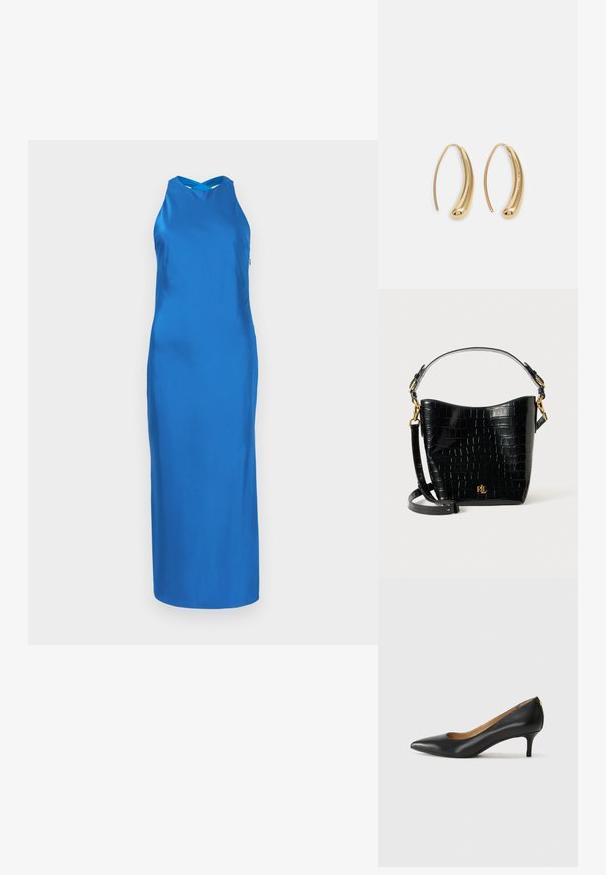 Zila satīna kleita ar elegantu siluetu, haltera kakla un garu svārku. Gluda tekstūra, minimālistisks dizains, bez redzamām rakstām vai akcentiem.; Melnas ādas augstpapēžu kurpes ar pīlādžu purngalu, zemu papēdi un gludu virsmu. Raksturīga neliela atvere priekšā un minimāls aprīkojums aizmugurē.; Melnas krokodila raksts ādas soma ar izliekta formu, zelta aparatūru, regulējamu siksnu un logotipa detaļu priekšpusē.; Zelta toņu metāla gredzena auskari ar izliektu, pagarinātu formu. Ar gludu, spīdīgu virsma un noapaļotu galu papildu detaļām.