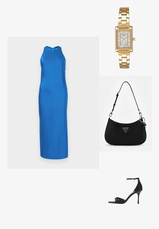 Blauwe satijnen jurk met een slanke silhouet, halternek en een lange rok. Soepele textuur, minimalistisch ontwerp, geen zichtbare patronen of accenten.; Mango Sandalen met hoge hak - black; Zwarte synthetische schoudertas met een gebogen silhouet, textuurafwerking, gouden driehoeklogo en afneembare hardwareaccenten.; Gouden rechthoekige polshorloge met een witte wijzerplaat, zilverkleurige uurmarkeringen en een duurzame metalen schakelarmband. Inclusief waterdichte functie.