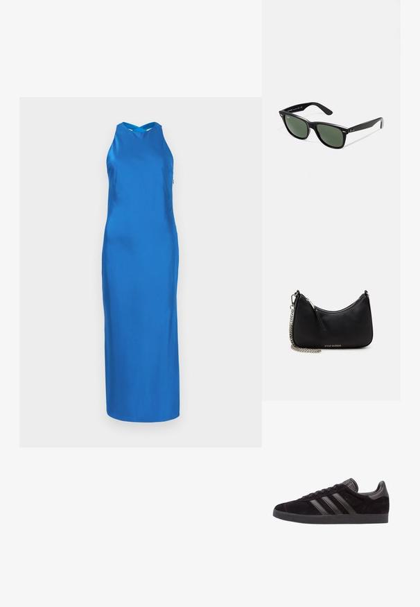 Robe en satin bleu avec une silhouette élégante, décolleté halter et une longue jupe. Texture lisse, design minimaliste, sans motifs ni accents visibles.; Baskets en suede noir avec semelles en caoutchouc texturé, dotées de trois bandes en cuir noir, d'un bout arrondi et d'un col de cheville rembourré.; Lunettes de soleil en plastique noir avec verres verts, monture carrée, accent argenté sur le sourcil et branches texturées. Marque indiquée sur l'intérieur de la branche.; Sac à main synthétique noir avec une forme courbée, une bandoulière en chaîne argentée, une fermeture éclair et un logo de marque en relief à l'avant. Texture lisse.