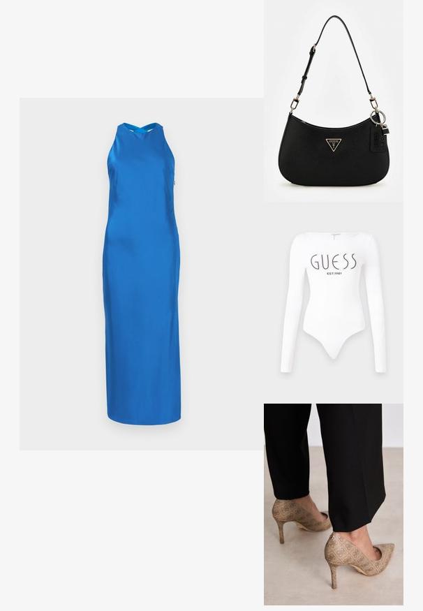 Modra satenska obleka z elegantno silhueto, obrobo za vrat in dolgo krilo. Gladka tekstura, minimalističen dizajn, brez vidnih vzorcev ali akcentov.; Bela dolgimi rokavi body s krožnim izrezom. Na sprednji strani je natisnjen logotip "GUESS" in "EST.1981" v črni barvi. Gladka tekstura.; Bež čevlji na visokem petem z teksturirano tkanino, ki ima ponavljajoč vzorec. Oblika z ostrim nosom z zadaj poudarjenim delom in zlatim podplatom.; Črna sintetična torba za ramo s ukrivljeno silhueto, teksturirano površino, zlatim trikotnim logotipom in odstranljivimi dodatki.