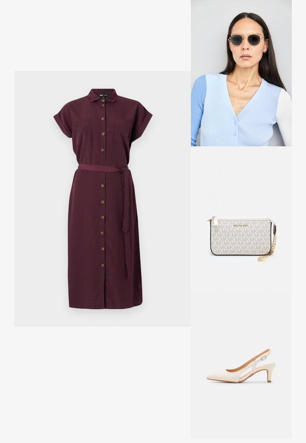 Burgunderfarbenes Hemdkleid mit kurzen, umgeschlagenen Ärmeln, zwei vorderen Taschen, einem Stoffgürtel und gerader Form. Aus einem strukturierten Material gefertigt.; Weiße Slingback-Absätze mit spitzer Zehenpartie, glattem Obermaterial, niedrigem Blockabsatz und seitlichem Ausschnitt-Design mit verstellbarem Schnallenriemen.; Runde Sonnenbrillen mit dunklen Gläsern und goldenen Rahmen. Das Modell trägt eine hellblaue, gerippte Strickjacke mit Knöpfen und weißen Kontrastärmeln.; Michael Kors Clutch in beige beschichtetem Canvas mit einem wiederholten MK-Logo-Muster, goldfarbener hardware und einem abnehmbaren Kettenriemen.