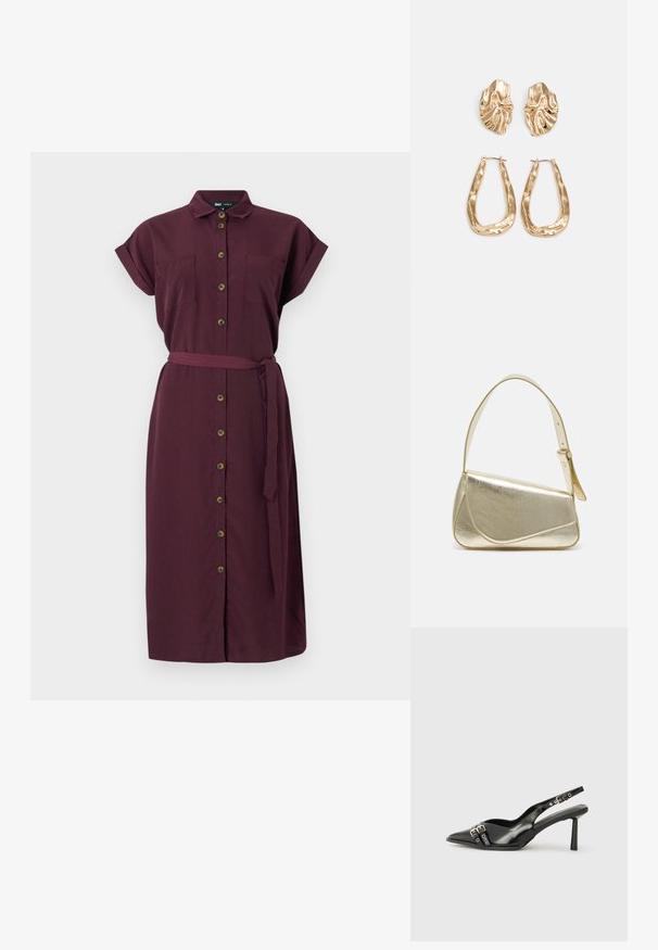 Robe boutonnée bordeaux avec des manches courtes retroussées, deux poches avant, une ceinture en tissu et une coupe droite. Fabriquée dans un matériau texturé.; Chaussure slingback en cuir verni noir avec un embout pointu, des brides de cheville avec des boucles en argent et des éléments en métal, et un talon fin.; Sac à main en métal doré avec un design structuré, texture lisse et bandoulière ajustable. Présente une forme triangulaire unique et des coutures minimalistes.; Boucles d'oreilles dorées présentant des formes texturées et ondulées. Comprend des clips sculpturaux et un design de créoles ouvertes avec une finition martelée.