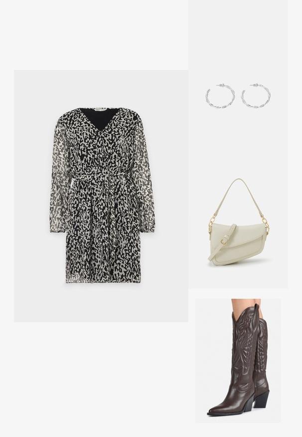 Przezroczysta czarna sukienka z abstrakcyjnym białym i szarym nadrukiem w leopardzie, dekoltem w kształcie litery V, długimi rękawami oraz pasek w talii, który podkreśla sylwetkę.; Brązowe skórzane kowbojki z noskiem w kształcie migdała i blokowym obcasem, z detalicznym przeszyciem i podniesionymi akcentami na cholewce.; Mała torebka w kolorze kremowym z teksturowanym wykończeniem, długim regulowanym paskiem, akcentem z łańcucha oraz zapięciem na klapkę. Wykończenia w kolorze złotym.; Srebrne kolczyki w kształcie obręczy z skręconym wzorem, z polerowanym wykończeniem i zapięciem na sztyft. Mają średnicę około 3 cm.