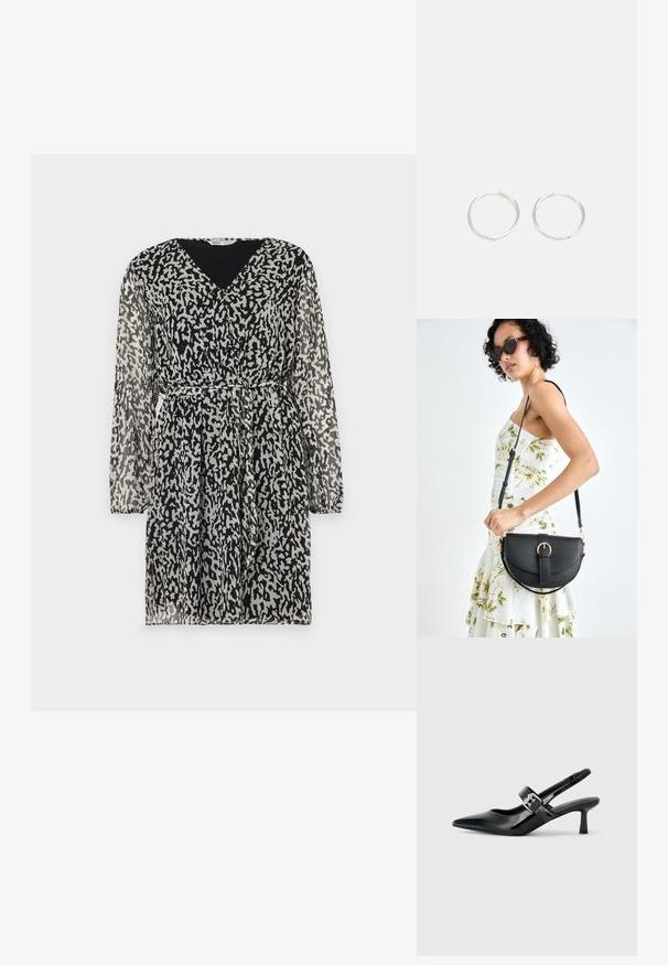 Áttetsző fekete ruha absztrakt fehér és szürke leopárdmintával, V-nyakkivágással, hosszú ujjakkal és derékra övvel a formázás érdekében.; Fekete lakkbőr slingback sarkú cipők hegyes orral és kis blokk talppal, ezüst csat díszítéssel a pánton.; Fekete bőrtáska ívelt formával, levehető pánttal és arany színű fémrészekkel. A táskán egy csattal díszített fedél található.; Ezüst karika fülbevalók, letisztult, kerek formával, sima felülettel és látható díszítés nélkül. A átmérő nem megadott.