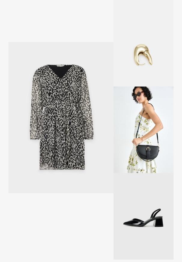 Permatomas juodas suknelė su abstrakčiu baltu ir pilku leopardų raštu, V formos iškirpte, ilgomis rankovėmis ir diržu liemeniui formuoti.; Juodos lakuotos odinės šlepetės su smailiu pirštu ir geometriniu bloko kulnu. Turi elegantišką, minimalistinį dizainą ir lygų paviršių.; Juodas odinis krepšys su išlenkta forma, nuimamu dirželiu ir auksiniais detalėmis. Krepšys turi kilpą su sagtimi.; Aukso tono metalinės auskarai su stilingu, kreiviu dizainu. Išsiskiria ryškiu smailiu pavidalu, poliruota paviršiumi ir užsegimu su vyriu.