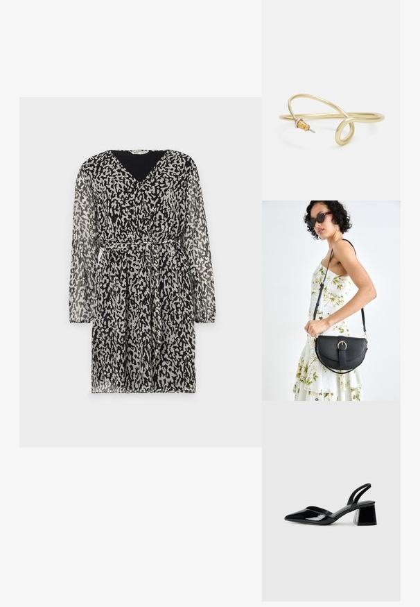 Ohut musta mekko, jossa on abstrakti valkoinen ja harmaa leopardikuosi, V-pääkallokohta, pitkät hihat ja vyöllä muotoiltu vyötärö.; Mustat patentoitu nahkakengät, joissa on säären takaosa ja terävä kärki, sekä geometrinen palikkakorko. Sisältää tyylikkään, minimalistisen muotoilun ja sileän pinnan.; Musta nahkainen käsilaukku, joka on kaareva muotoilultaan, irrotettavalla hihnalla ja kultaisilla yksityiskohdilla. Laukussa on läppä, jossa on solk yksityiskohta.; Kultainen metallinen ranneketju, jossa on sulava ja kaareva muotoilu. Yhdessä päässä on pieni, hallitseva hopeanvärinen korostus.