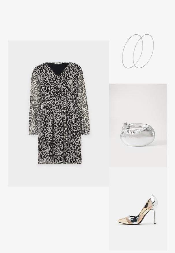 Prosojna črna obleka z abstraktnim belim in sivim leopardjim vzorcem, V-izrezom, dolgimi rokavi in pasom za oblikovanje.; Čevlji z visoko peto in konico, v barvni kombinaciji srebrne, zlate in nude. Sijajna obdelava z izrezljanim dizajnom, z igličasto peto.; Srebrna kovinska torbica z mehko, zaobljeno obliko in zavezano zgornjo zaporo. Narejena iz gladkega umetnega usnja.; Srebrne uhane v obliki obroča z minimalističnim dizajnom. Krožna oblika, gladka tekstura in tanek profil. Lahki s poliranim zaključkom.