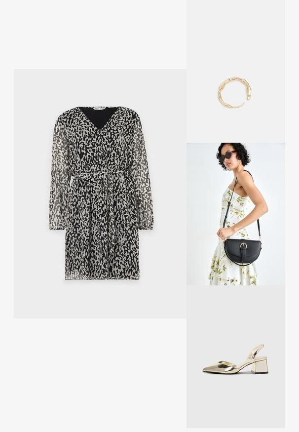 Priehľadné čierne šaty s abstraktným bielym a šedým leopardím vzorom, V-výstrihom, dlhými rukávmi a opaskom na oblikovanie.; Zlaté kovové lodičky na podpätku so špicatou špičkou a robustným podpätkom. Hladký povrch, minimalistický dizajn a úzka remienok.; Čierna kožená kabelka s zaobleným tvarom, odnímateľným popruhom a zlatými doplnkami. Kabelka má klopu s detailom s prackou.; Prsteň v zlatej farbe s organickým, skrúteným dizajnom, hladkým povrchom a zužujúcimi sa koncami, vytvárajúci moderný, sochársky vzhľad.