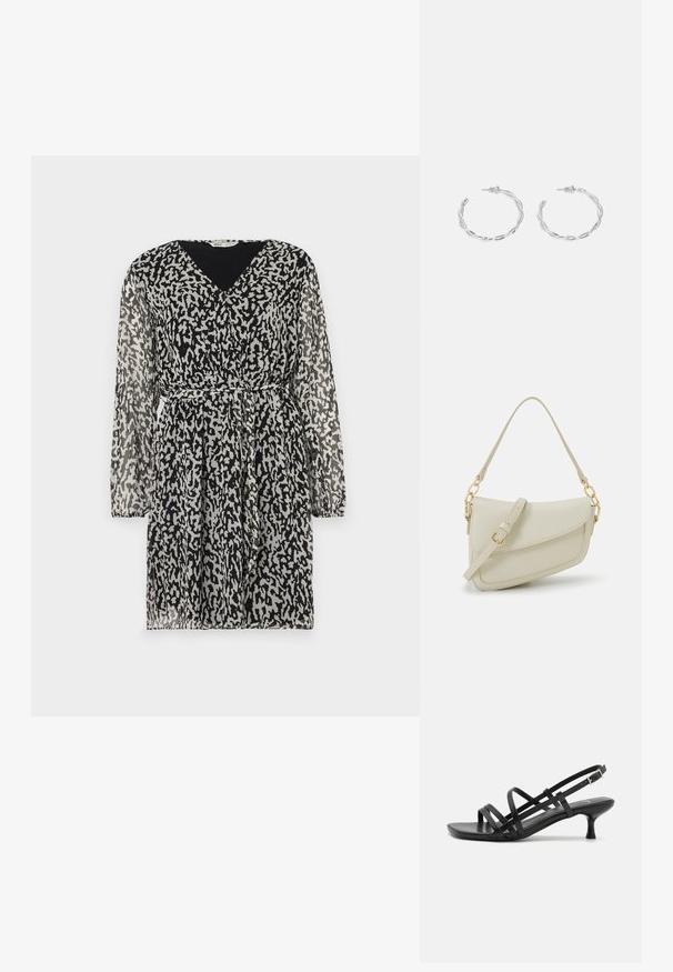 Durchsichtiges schwarzes Kleid mit einem abstrakten weißen und grauen Leopardenmuster, V-Ausschnitt, langen Ärmeln und einem taillierten Design mit Gürtel.; Schwarze High Heels Sandalen mit mehreren überkreuzten Riemen. Glattes Material, spitze Zehenpartie und schmaler Absatz. Verstellbarer Knöchelriemen mit Schnalle.; Kleine cremefarbene Handtasche mit strukturiertem Finish, einem langen verstellbaren Tragegurt, einem Kettenakzent und einem Klappenverschluss. Goldene Hardware-Details.; Silberne Creolen mit gedrehter Gestaltung, ausgestattet mit einer polierten Oberfläche und einer Steckverschluss. Sie haben einen Durchmesser von ca. 3 cm.