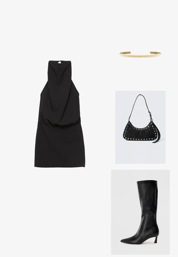 Fekete ujjatlan ruha magas nyakkal, összegyűrt derékkal és kulcslyuk részlettel a hátnál. Simább anyag, egyszerű kialakítással.; Fekete bőr, térdig érő csizma hegyes orral és szerény sarkakkal. Simább textúrával és karcsú dizájnnal, finom varrási részletekkel.; Fekete műbőr kézitáska ívelt formával, amelyet kör alakú fémtüskék díszítenek az éle mentén, cipzáros záródással és hosszú pánttal.; Arany színű fém karkötő, sima, fényes felülettel és a szalagon gravírozott "DANIEL WELLINGTON" részlettel.