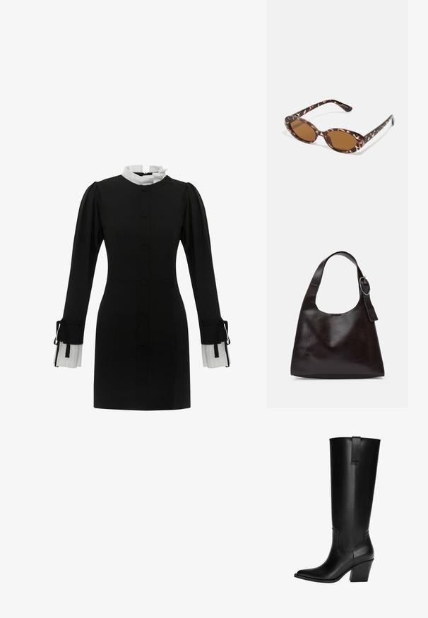 Černé šaty s vysokým bílým límcem, zapínáním na knoflíky vpředu a dlouhými rukávy, které mají plisované bílé manžety se střapci. Hladká textilie.; Černé kožené boty až ke kolenům s špičatou špičkou, blokovým podpatkem a bočním švem. Obsahuje zadní poutko pro snadné obouvání.; Sluneční brýle s želvovinovým vzorem a oválnými skly, hnědě tónovanými, tenké nožičky s texturovaným vzorem, lehký plastový rám.; Hnědá kožená taška přes rameno s hladkou texturou, zaobleným tvarem, širokým popruhem a kulatým kovovým akcentem na rukojeti.