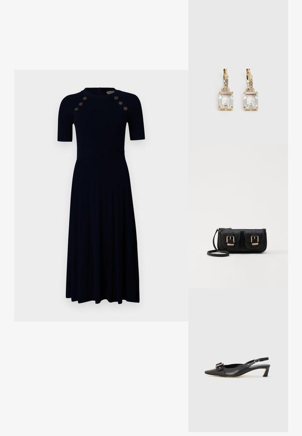 Gestreiftes navyblaues Kleid mit kurzen Ärmeln, tailliertem Oberteil, schwingendem Rock und sechs goldenen Knopfakzenten an den Schultern. Reißverschlussverschluss hinten.; Schwarzer Leder Slingback-Schuh mit spitzer Zehenform, kleinem Absatz und dekorativem Schnallen-Detail auf dem Obermaterial. Glatte Textur, minimalistisches Design.; Schwarze Leder-Umhängetasche mit zwei vorderen Taschen, goldenen Schnallen, Reißverschluss und einem schmalen Tragegurt. Texturierte Oberfläche und kompakte rechteckige Form.; Ohrringe in Goldfarbe mit einem rechteckigen, durchsichtigen Kristall, der unter einer Reihe kleiner, runder klarer Akzente hängt. Elegantes, modernes Design.