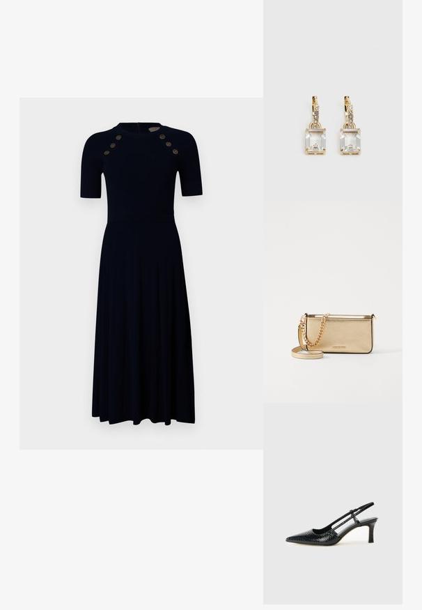 Ribbet navy kjole med korte ermer, tettsittende overdeler, utsvungen skjørt og seks gullknapper på skuldrene. Glidelås i ryggen.; Sorte patent slingback hæl med spids tå, featuring tekstureret slangeskind, justerbar rem og en kort, tekstureret blokhæl.; Metallisk gullfarget skinnlommebok med teksturert finish, featuring en gullkjede-rem og en avtagbar skulderrem. Merkets logo er preget.; Gullfargede øreringer med en rektangulær, klar krystall som henger under en rad av små, runde klare akenter. Elegante, moderne design.