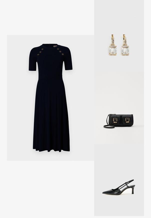 Ribbet navy kjole med korte ermer, tettsittende overdeler, utsvungen skjørt og seks gullknapper på skuldrene. Glidelås i ryggen.; Sorte patent slingback hæl med spids tå, featuring tekstureret slangeskind, justerbar rem og en kort, tekstureret blokhæl.; Svart skinn crossbody veske med to frontlommer, gyldne spenner, glidelåslukking og en slank stropp. Teksturert overflate og kompakt rektangulær form.; Gullfargede øreringer med en rektangulær, klar krystall som henger under en rad av små, runde klare akenter. Elegante, moderne design.