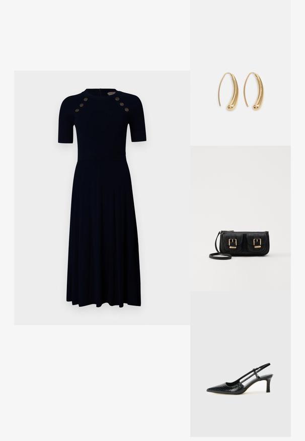Abito aderente a righe di colore blu navy con maniche corte, corpino attillato, gonna svasata e sei bottoni dorati decorativi sulle spalle. Chiusura con zip sul retro.; Slingback con tacco in vernice nera con punta affusolata, caratterizzato da una stampa a serpente testurizzata, cinturino regolabile e un tacco corto e testurizzato.; Borsa a tracolla nera in pelle con due tasche frontali, fibbie dorate, chiusura con zip e una tracolla sottile. Superficie texturizzata e forma rettangolare compatta.; Orecchini a cerchio in metallo color oro con forma curva ed allungata. Presentano una superficie liscia e lucida e una punta arrotondata per un tocco di dettaglio in più.