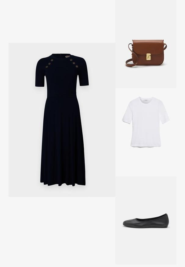 Abito aderente a righe di colore blu navy con maniche corte, corpino attillato, gonna svasata e sei bottoni dorati decorativi sulle spalle. Chiusura con zip sul retro.; T-shirt bianca a maniche corte realizzata in tessuto a costine. Collo rotondo, vestibilità regolare e dettagli di cucitura sottili. Senza motivi o grafiche.; Pantofole da balletto nere in pelle con punta arrotondata, texture liscia, dettagli di cucitura minimi e design con suola flessibile.; Borsa a tracolla in pelle marrone con chiusura a pattina, hardware color oro, tracolla e una finitura liscia. Forma rettangolare compatta.