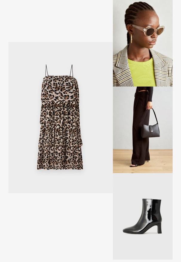 Beige Faltenkleid mit schwarzem und braunem Leopardenmuster, ausgestattet mit dünnen schwarzen Trägern und einem geschichteten Design für zusätzlichen Textur.; Schwarzer Lackleder-Stiefelette mit spitzer Zehe und einem mittelhohen Blockabsatz. Glatte Textur und minimalistisches Design.; Klare Cat-Eye-Sonnenbrille mit braunen Gläsern und transparentem Gestell. Modell trägt ein grünes geripptes Oberteil und einen karierter Blazer. Goldene Hoop-Ohrringe.; Schwarze Handtasche mit strukturierter Form, glatter Textur und einem metallischen Verschluss. Kombiniert mit weiten schwarzen Hosen und offenen Sandalen auf einem Holzboden.