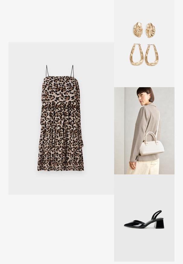 Krekls midi kleita ar pūķa printa rakstu brūnos un melnos toņos. Ir plānas melnas lences un kārtainas kārtas.; Melna lakota āda ar atvērto papēdi, ar smailu purngalu un ģeometrisku blokpapēdi. Iezīmējas elegants, minimāls dizains un gluda tekstūra.; Balta strukturēta roku soma ar īsām rokturiem un plecu siksnu, ar zelta aparatūras akcentiem un strukturētu materiālu, izstādīta uz pelēka fona.; Zelta krāsas auskari ar teksturētām, viļņotām formām. Iekļauts skulpturāls piespraužams modelis un atvērta gredzenveida konstrukcija ar izsistām virsmām.