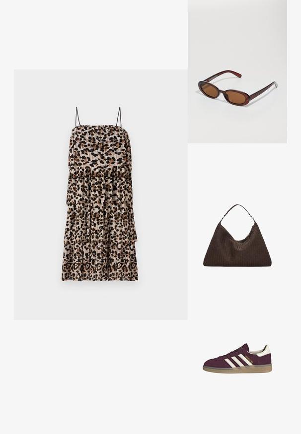 Plisovaná slnečnica v béžovej farbe s čiernym a hnedým leopardím vzorom, so štíhlymi čiernymi popruhmi a viacvrstvovým dizajnom pre zvýšenú textúru.; Bordový semišový tenisk s bielymi tromi pruhmi a béžovými akcentmi. Má textúrovanú gumovú podrážku a zlaté logo na boku.; Okrúhle slnečné okuliare s hnedým nádychom a lesklým burgundským rámom. Úzke ramená s jemným brandovaním. Plochej šošovky dizajn.; Hnedá tkaná kožená kabelka s voľným, trojuholníkovým tvarom. Má opletenú rúčku a zips na vrchu.