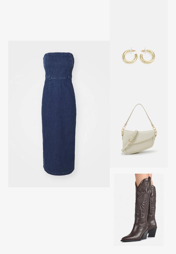 GAP STRAPLESS MIDI - Farkkumekko - medium wash; Ruske nahkasaappaat, joissa on terävä kärki ja laatikkokorko, varustettu yksityiskohtaisella ompelulla ja kohotetuilla yksityiskohdilla varsiosassa.; Pieni kerma beige käsilaukku, jossa on teksturoitu pinta, pitkä säädettävä olkahihna, ketjua korostava yksityiskohta ja läppälukko. Kultaista metalliosaa.; Kultaketjut kullasta, joissa on sileä, kiiltävä pinta. Pyöreä muotoilu, jossa on pieni tappi ja kirkas taustalevy turvalliseen käyttöön.