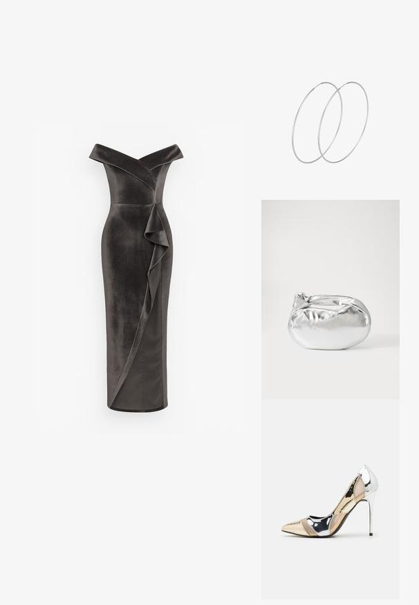 Temno siva obleka brez ramen iz gladkega materiala, s prilagojeno silhueto in stranskim naborkom, ki poteka po sprednji strani.; Čevlji z visoko peto in konico, v barvni kombinaciji srebrne, zlate in nude. Sijajna obdelava z izrezljanim dizajnom, z igličasto peto.; Srebrna kovinska torbica z mehko, zaobljeno obliko in zavezano zgornjo zaporo. Narejena iz gladkega umetnega usnja.; Srebrne uhane v obliki obroča z minimalističnim dizajnom. Krožna oblika, gladka tekstura in tanek profil. Lahki s poliranim zaključkom.