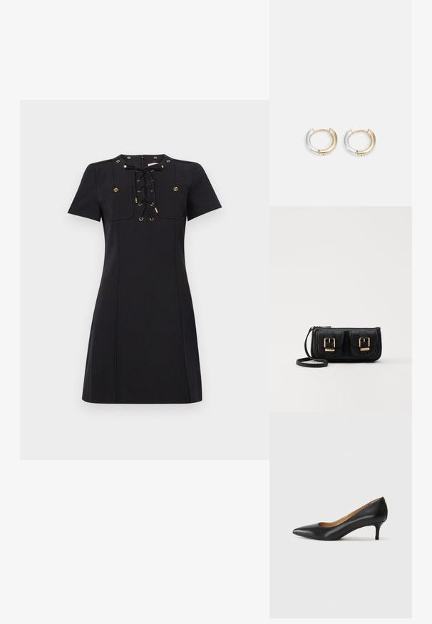 Rochie scurtă neagră cu decolteu rotund, mâneci scurte, aplicare de siret în față cu accente aurii și două buzunare decorative la piept.; Pantofii din piele neagră au vârful ascuțit, toc mic și o textură netedă. Au o deschidere ușoară în față și un hardware minim în spate.; Geantă neagră din piele, tip crossbody, cu două buzunare frontale, catarame aurii, închidere cu fermoar și o curea subțire. Suprafață texturată și formă rectangulară compactă.; Cercei inelari din aur și argint cu un finisaj metalic mixt, având un design curbat și neted și o închidere fără cusur.
