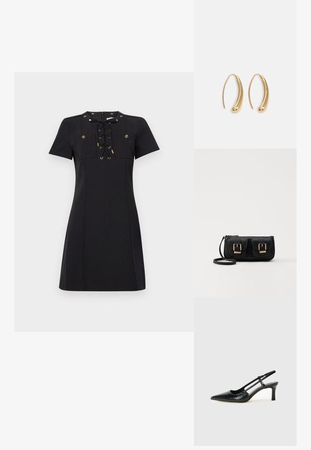 Īss melns kleitas ar noapaļotu dekoltē, īsām piedurknēm, izsietu priekšu ar zelta akcentiem un divām dekoratīvām krūšu kabatām.; Melna patent āda ar slīdošo papēdi un smailo purngalu, ar teksturētu čūsku drukājumu, regulējamu siksniņu un īsu teksturētu blokpapēdi.; Melnas ādas crossbody soma ar divām priekšējām kabatām, zelta sprādzēm, ar rāvējslēdzēju aizdari un šauru siksnu. Strukturēta virsma un kompakta taisnstūra forma.; Zelta toņu metāla gredzena auskari ar izliektu, pagarinātu formu. Ar gludu, spīdīgu virsma un noapaļotu galu papildu detaļām.