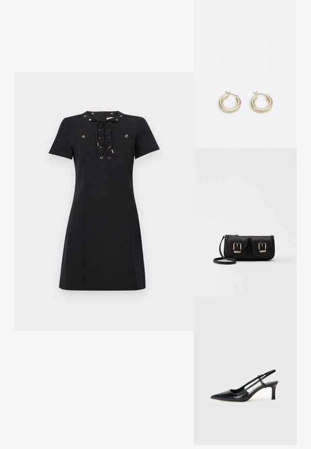 Vestido preto curto com decote redondo, mangas curtas, frente com cordões e detalhes em dourado, e dois bolsos decorativos no peito.; Salto slingback em patente preta com bico apontado, apresentando um padrão de pele de cobra texturizado, tira ajustável e um salto bloco curto e texturizado.; Bolsa de ombro em couro preto com dois bolsos frontais, fivelas douradas, fecho de zíper e uma alça fina. Superfície texturizada e forma retangular compacta.; Lauren Ralph Lauren BASIC SMALL HOOP - Brincos - gold-coloured