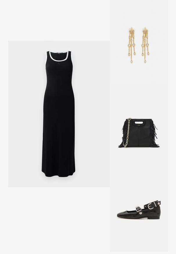 Abito maxiblu a coste nere con scollo rotondo e bordo bianco sulle spalle. Presenta una silhouette aderente e una texture morbida.; Scarpa flat in vernice nera con punta quadrata, cinturino alla caviglia con hardware in argento e suola piatta. Texture liscia con design minimalista.; Borsa a tracolla in pelle nera con dettagli a frangia, catena dorata e manico ritagliato. Presenta il logo sulla parte anteriore.; Orecchini dorati con molteplici catene a cascata, dotati di accenti in strass ovali trasparenti e parte superiore decorativa a perno.
