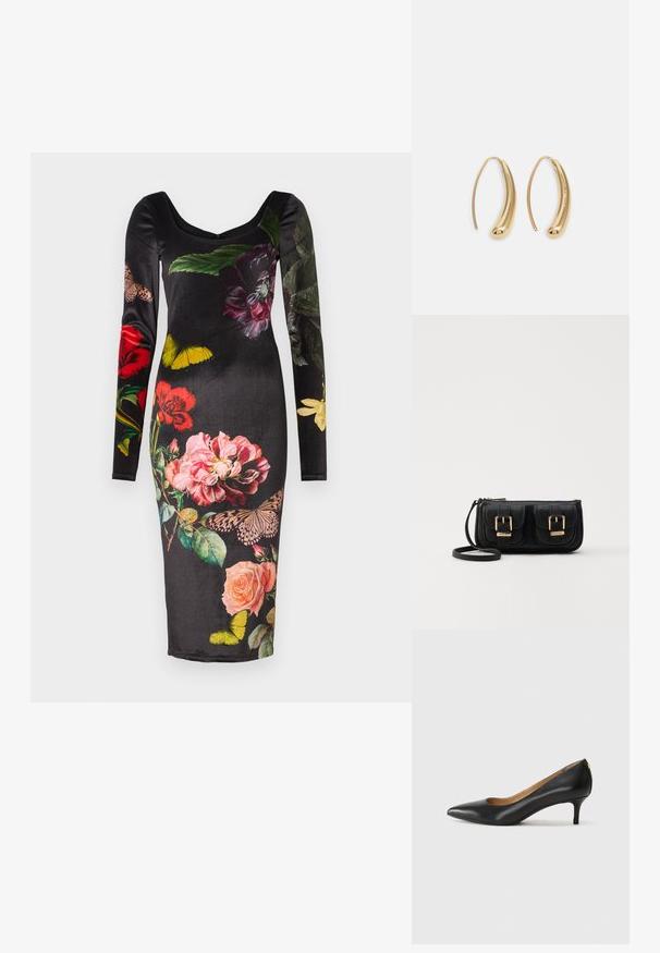 Duga haljina s dugim rukavima od crnog materijala, s vibrantnim cvjetnim uzorcima i naglascima leptira u ružičastim, crvenim i žutim tonovima.; Crne kožne cipele s uskim vrhom, niskom petom i glatkom teksturom. Imaju blago otvaranje sprijeda i minimalne metalne detalje straga.; Crna kožna torba preko ramena s dva prednja džepa, zlatnim kopčama, zatvaranjem na zip i uskim remenom. Teksturirana površina i kompaktan pravokutan oblik.; Zlatne metalne naušnice u obliku obruča s zakrivljenim, izduženim oblikom. Imaju glatku, sjajnu površinu i zaobljeni vrh za dodatni detalj.