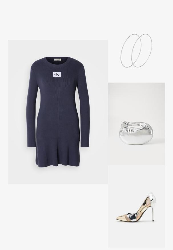 Marinblå ribbad stickad klänning med långa ärmar och utställd nederdel. Har en vit patch med logotypen "CK" på bröstet. Mjuk textur.; Spetsig tå högklackad sko med en färgpalett av silver, guld och nude. Glansig yta med utskärningsdesign, utrustad med en stilettklack.; Silverfärgad metallisk påse med en mjuk, rundad form och en knutstängning upptill. Tillverkad av ett mjukt material i konstläder.; Silverfärgade hoopörhängen med en minimalistisk design. Cirkulär form, slät yta och tunn profil. Lätta med en polerad finish.
