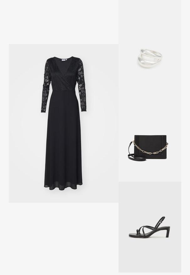 Juoda suknelė ilgomis rankovėmis su V formos iškirpte, nėriniuotu bodu ir laisvai krentančia sijona. Savybės: tekstūruotos ilgos rankovės ir prigludusi liemenė.; Juodi šlepetės su kvadratiniu pirštu ir žemu bloku kulnu. Yra keli ploni dirželiai ir reguliuojamas kulkšnies diržas. Pagaminti iš lygios odos.; Juodas odinis per petį nešiojamas krepšys turi lygų paviršių, stačiakampio formą ir metalinę grandinėlę priekyje. Pridedama reguliuojama dirželis.; Sidabrinis dvigubas žiedas su lygiu, poliruotu paviršiumi. Pasižymi sklandžiu, kreiptu dizainu su persipinančiomis dalimis, suteikiančiomis modernų išvaizdą.