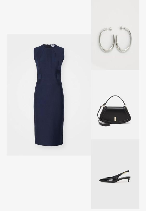Navyblaues, tailliertes Kleid mit rundem Halsausschnitt, kurzen Ärmeln und geometrischen Paneeldetails. Aus strukturiertem Stoff gefertigt, mit glatter Oberfläche, knielang.; Schwarze Leder-Slingback-Pumps mit spitzem Schuhblatt, ausgestattet mit einem schlanken Absatz und einem goldfarbigen Akzent am verstellbaren Riemen. Glatte Textur.; Schwarze Lederhandtasche mit einem strukturierten Design, das eine verkürzte Form, einen oberen Griff und goldfarbene Hardware-Details aufweist. Verstellbarer Schulterriemen ist enthalten.; Silberne Creolen mit einem glatten, geschwungenen Design. Mit einem glänzenden metallischen Finish und Steckverschluss. Keine sichtbaren Muster oder Akzente.