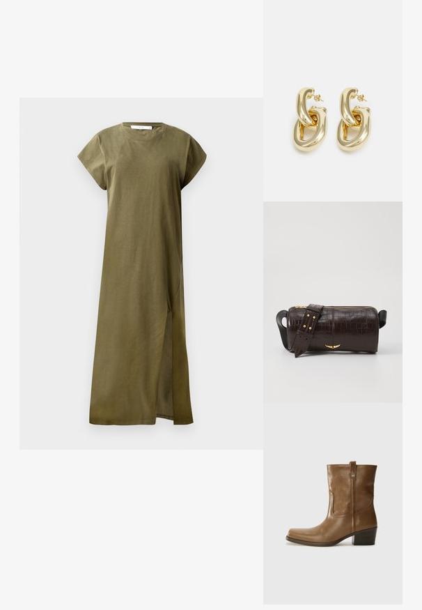Oliwkowa sukienka do kolan, wykonana z miękkiej bawełny, z krótkimi rękawami, okrągłym dekoltem i bocznym rozcięciem dla swobody ruchów. Prosty i niezdobiony krój.; Brązowy skórzany botek za kostkę z kwadratowym noskiem, teksturowanym wykończeniem i niskim, zakrytym obcasem. Posiada tylną pętelkę do zakładania oraz subtelne detale przeszycia.; Brązowa torba ze skóry z tłoczeniem krokodyla w kształcie cylindrycznym, z metalowymi elementami w kolorze złotym oraz odczepianym paskiem z ćwiekami.; Rabanne XL LINK  DOUBLE HOOP EARRINGS - Kolczyki