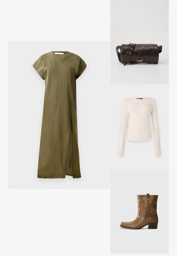 Olíva zöld, térd hosszúságú, puha pamutból készült ruha rövid ujjakkal, kerek nyakkivágással és oldalsó hasítékkal a könnyebb mozgás érdekében. Egyszerű és díszítetlen kialakítás.; Hosszú ujjú, világos bézs blúz kerek nyakkivágással. Puha anyagból készült, középső varrással és enyhén ívelt szegéllyel rendelkezik. Nincs rajta látható fémrész.; Barna bőrből készült bokacsizma négyzet alakú orral, texturált felülettel és alacsony, rakott sarkával. Hátsó húzófüllel és finom varrási részletekkel rendelkezik.; Barna krokodilbőr hatású bőr táska henger alakú, arany tónusú fémveretekkel és lecsatolható, szegecsekkel díszített pánttal.