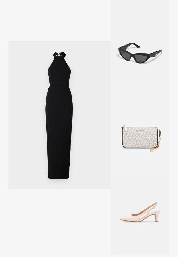 Juodas halter kaklo suknelė, pagaminta iš lygaus audinio, su prigludusia viršutine dalimi ir grindis siekiančia sijonu, kuris turi elegantišką siluetą.; Balti slingback kulniukai su smailiu pirštu, lygia viršutine medžiaga, žemu blokuotu kulnu ir šoniniu išpjovimu su reguliuojamu sagtimi.; Katės akies saulės akiniai su matinio juodo plastiko rėmeliu, tamsiais lęšiais ir auksiniu logotipo akcentu ant šventyklos. Kampuota forma ir glotni tekstūra.; Michael Kors rankinė smėlio spalvos dengto kanvoje su pakartotiniu MK logotipo raštu, auksinėmis detalėmis ir nuimamu grandininiu dirželiu.