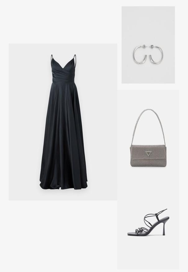 Rochie de seară din satin negru cu decolteu în V, corset ajustat, bretele îngroșate și fustă în formă de A, fluidă. Textură netedă și elegantă.; Sandale negre cu toc înalt au curele subțiri cu un design legat, un vârf pătrat neted și un toc stiletto elegant.; Geantă metalică gri deschis, cu un strap din lanț, decorată cu mici ținte circulare metalice și un logo de marcă triangular.; Cercei creole din argint cu suprafață netedă și lucioasă, având o formă curbată și închidere cu tija. Design minimalist cu un finisaj modern.