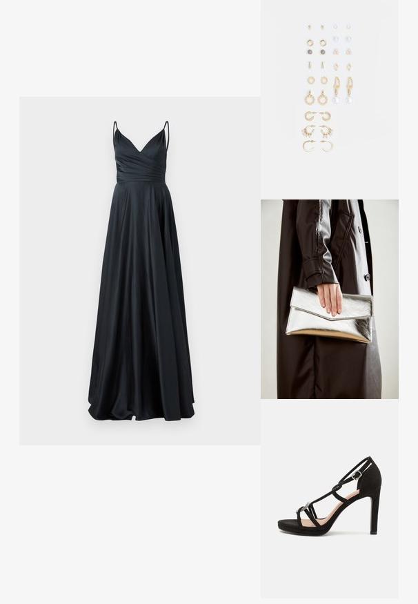 Rochie de seară din satin negru cu decolteu în V, corset ajustat, bretele îngroșate și fustă în formă de A, fluidă. Textură netedă și elegantă.; Sandale cu toc înalt din suede negru, cu curele încrucișate, un accent decorativ de culoare argintie și o talpă platformă pentru un plus de înălțime.; Plică metalică argintie cu un design unghiular de tip plic, textură netedă și culoare contrastantă la interior, ținută într-o mână care poartă o haină neagră.; Set de cercei aurii, cu diverse designuri, inclusiv cercei tip stud, cercei hoop și cercei lungi cu perle și strassuri.