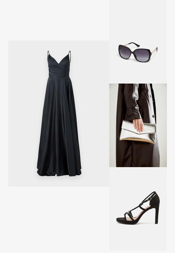 Črna satenska večerna obleka z V-izrezom, prilegajočim bodicem, širokimi naramnicami in tekočim A-linijskim krilom. Gladka, elegantna tekstura.; Črne semiš sandale na visoki peti s križnimi trakovi, okrasnim srebrnim poudarkom in platformo za dodatno višino.; Črne prevelike sončne očala z degradacijskimi lečami, debelimi okvirji in zlatimi verižicami na ročajih.; Srebrna kovinska torbica s angularnim kuvertastim dizajnom, gladko teksturo in kontrastno notranjo barvo, ki jo drži roka v črnem plašču.