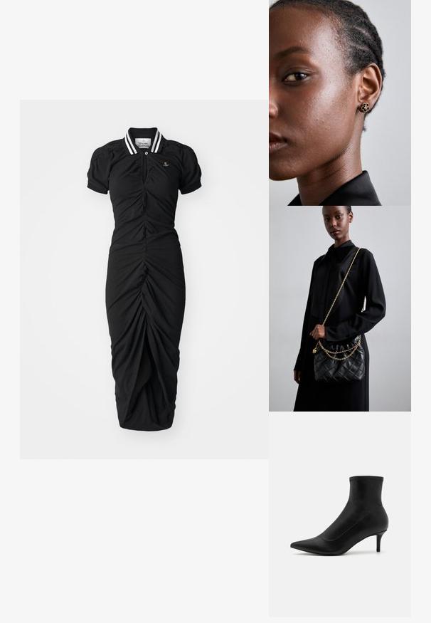 Černé šaty s krátkými nafouknutými rukávy, pruhovaným límcem a nařasenými detaily; délka po kolena s nabíraným, drapovaným efektem v přední části.; Černé kotníkové boty z hladké kůže s špičatou špičkou a krátkým tenkým podpatkem. Mají bezproblémový design a jemné zdobení švy.; Černá prošívaná kožená kabelka s staženým vrchem, zlatým řetízkovým popruhem a obdélníkovým tvarem, držena před jednoduše pozadím.; Zlaté květinové náušnice mají texturované černé střed a jemné detaily. Modelova jasná pleť a splétané vlasy jsou viditelné v profilu.