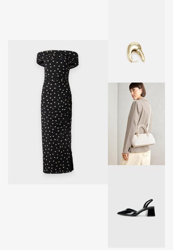 Off-the-shoulder black dress with cream polka dots, featuring ruched detailing and a fitted silhouette, reaching below the knee.; Black patent leather slingback heels with a pointed toe and a geometric block heel. Features a sleek, minimal design and smooth texture.; White structured handbag with short handles and a shoulder strap, featuring gold hardware accents and textured material, displayed against a grey background.; Gold-tone metal earring with a sleek, curved design. Features a distinctive pointed shape, polished surface, and hinge closure.