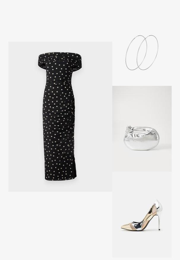 Off-the-shoulder black dress with cream polka dots, featuring ruched detailing and a fitted silhouette, reaching below the knee.; Pointed-toe high heel shoe with a silver, gold, and nude color scheme. Glossy finish with cutout design, featuring a stiletto heel.; Silver metallic pouch bag with a soft, rounded shape and a knotted top closure. Made from smooth faux leather material.; Silver hoop earrings with a minimalist design. Circular shape, smooth texture, and thin profile. Lightweight with a polished finish.